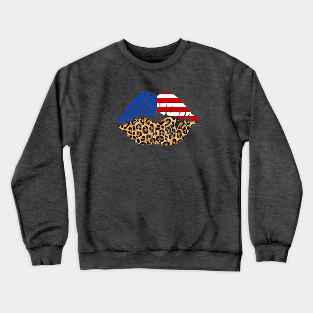 USA Flag Leopard Print Lips 4th of July Crewneck Sweatshirt by figandlilyco